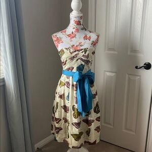 Maeve Strapless Dress with Butterfly Print and Blue Sash